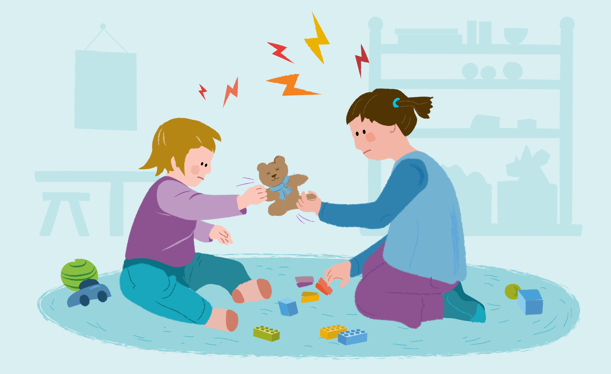 Zwei Kinder streiten sich um einen Teddybären.