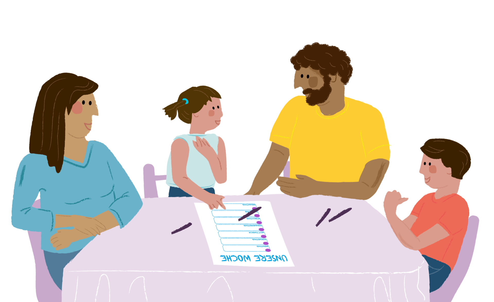 Eine Familie sitzt am Tisch und füllt gemeinsam einen Wochenplaner aus