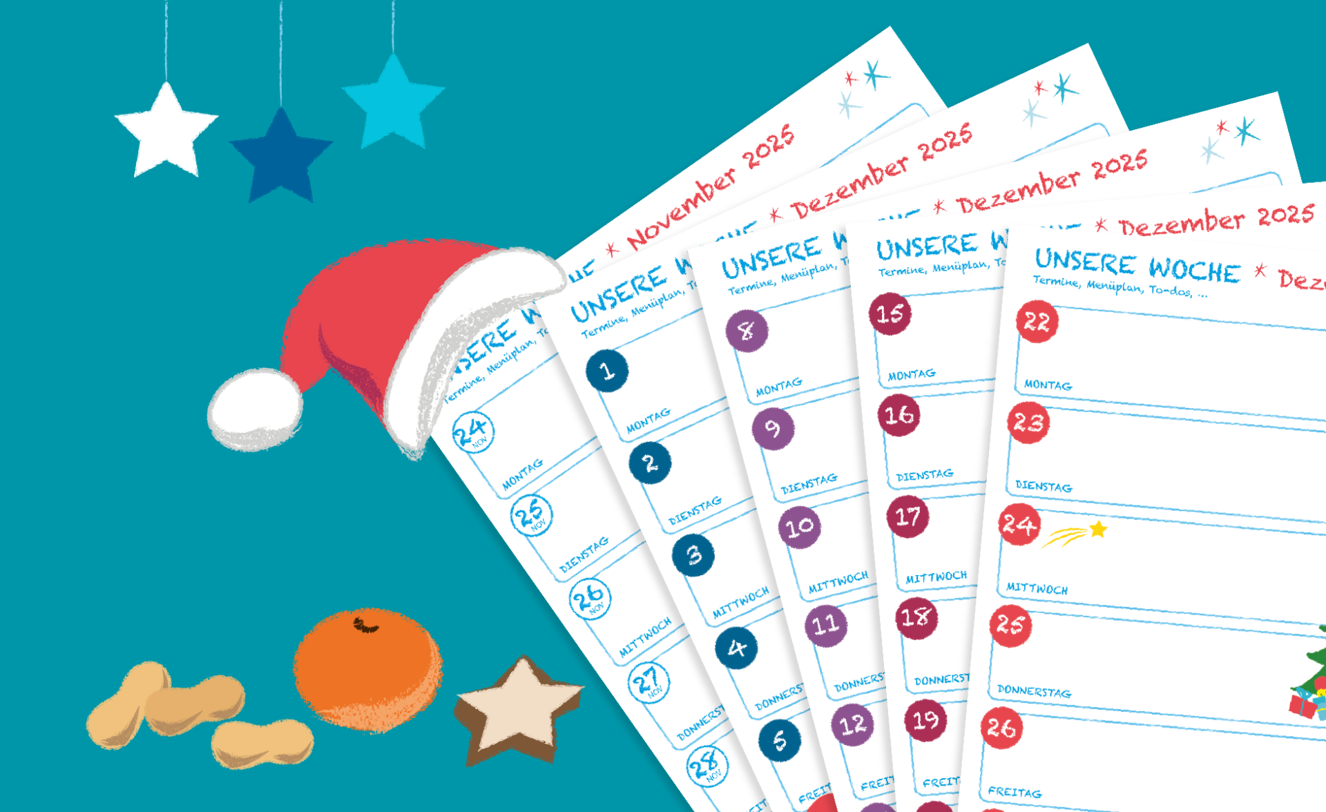 Illustration des Wochenplaners für die fünf Adventswochen