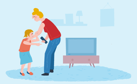 Bewegtbild einer Szene vor dem Bildschirm. Das Kind tobt und beisst die Mutter, weil es nicht ausschalten will. Die Mutter ruft aus: Spinnst du eigentlich? Daraufhin bedauert sie, dass sie das so gesagt hat.