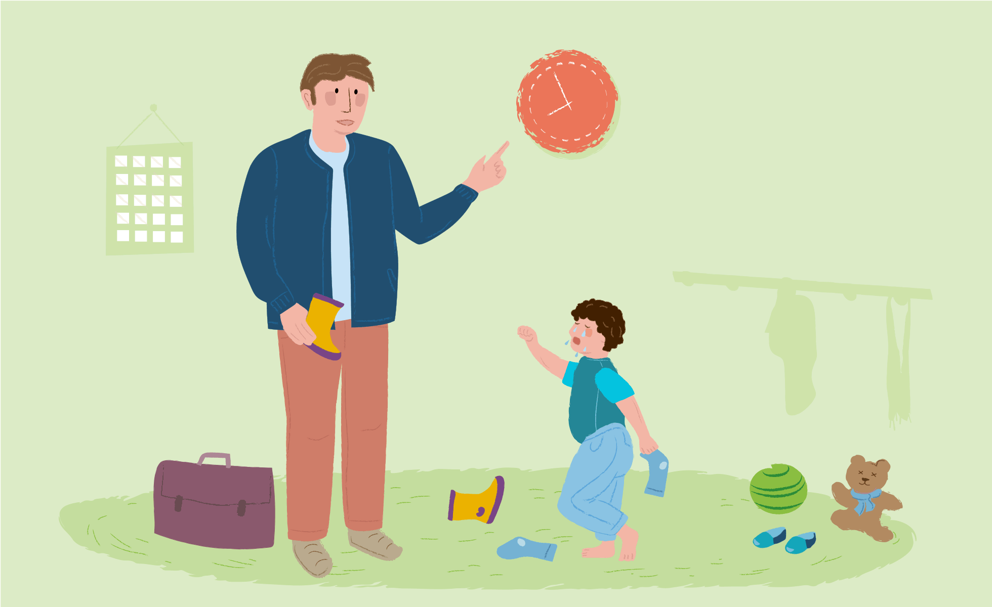 Bewegtbild einer Szene im Erziehungsalltag: Der Vater hat Eile, der Sohn trödelt. Der Vater sagt ärgerlich: Immer dieser Stress deinetwegen! Daraufhin bereut er, wie er das gesagt hat.