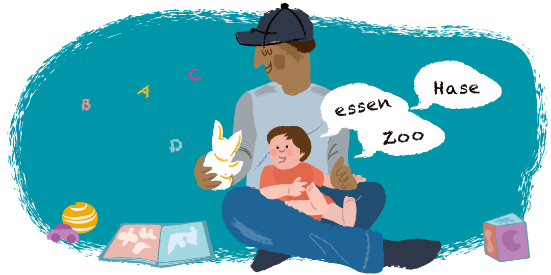 Ein Vater spielt mit seinem rund 18 Monate alten Kind. Dieses kennt nun bereits viele Wörter.