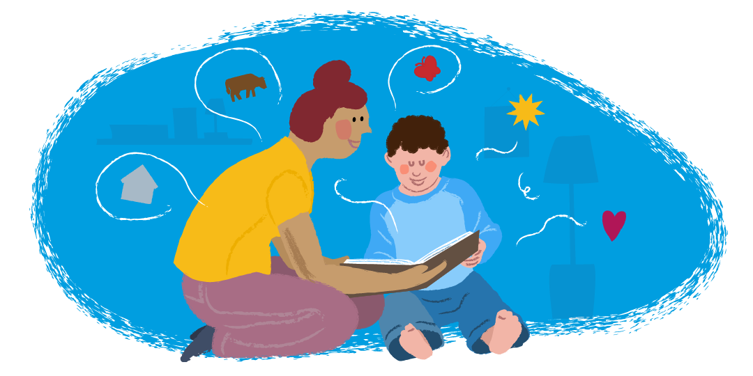 Mutter und Kind lesen einander gegenseitig Bücher vor. Der Junge ist nun ungefähr vier Jahre alt.