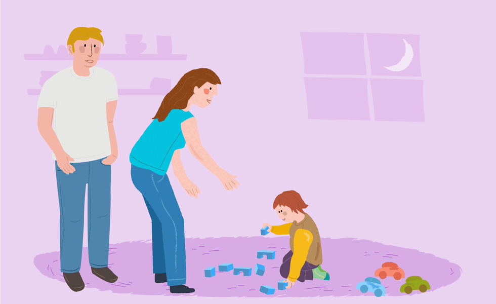 Animierte Illustration einer Familie. Sie zeigt bildhaft, dass das Kleinkind nicht ins Bett will.