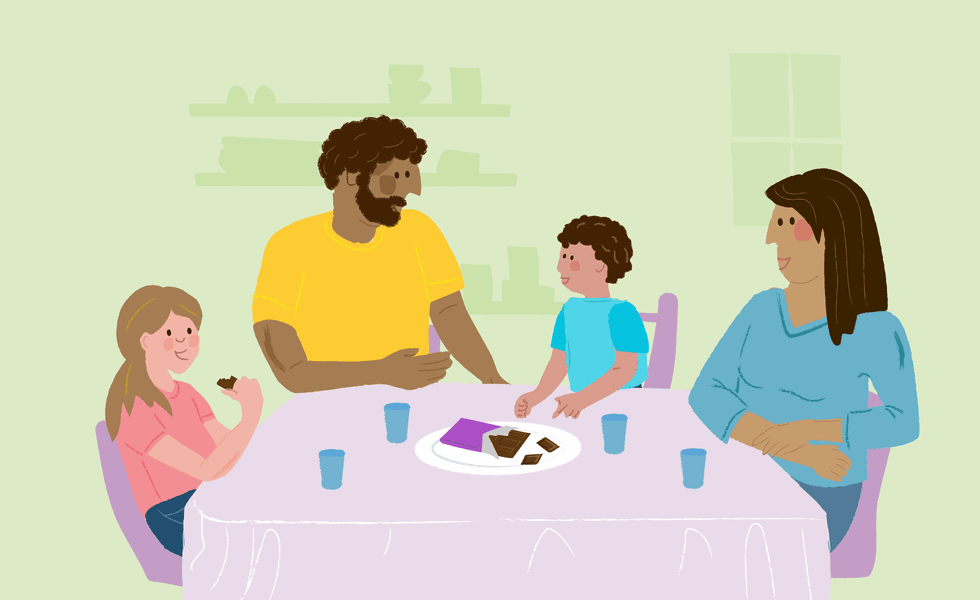 Animierte Illustration einer Familie. Sie zeigt bildhaft, dass das Kleinkind mehr Schokolade möchte.