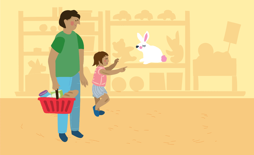 Animierte Illustration eines Vaters und seiner Tochter. Sie zeigt bildhaft, dass die Tochter im Supermarkt einen Stoffhasen will.